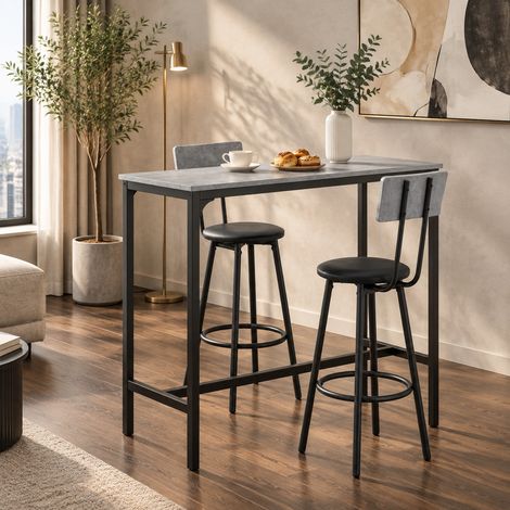 Ensemble table de bar et 2 tabourets gris, plateau en MDF et sièges en cuir régénéré, dossiers avec repose-pieds, format compact pour petite cuisine, 100 x 40 x 90,5 cm – CHICFURN (1/5)