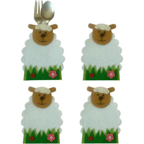4x Housse de couverts mouton en non-tissé pour Pâques, étui à couteaux et fourchettes (1/4)