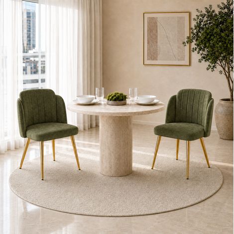 Set di 2 sedie da pranzo imbottite, schienale curvo, gambe in metallo dorato, verde (1/5)