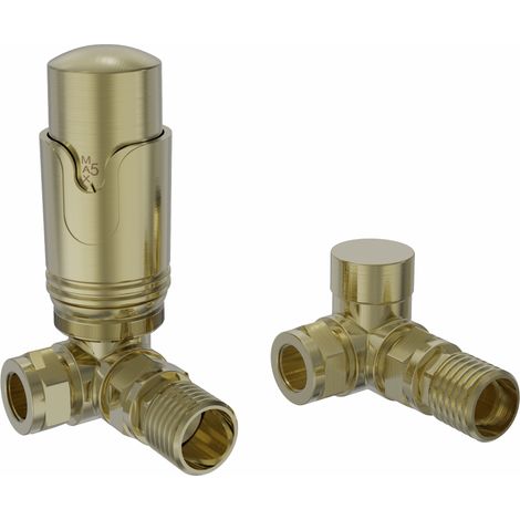 Corner Thermostatic TRV Lockshield Radiator Towel Rail Valves Brushed Brass Pair (1/3)