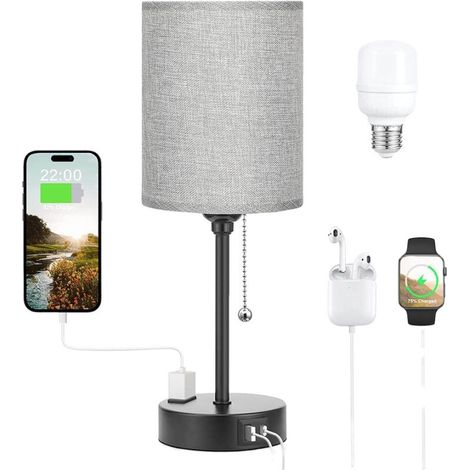 Lampade da tavolo con 3 temperature di colore: 2700K, 3500K, 5000K, lampade da comodino con porte USB C e A, lampade a catena per camere da letto con presa CA, lampade da comodino con base in metallo 