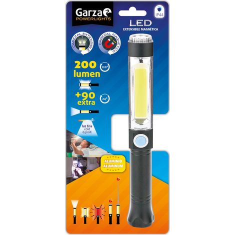Garza Linterna LED aluminio con punta magnética imantada extensible y flexible, Negro
