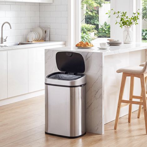 Poubelle de Cuisine Automatique 58L en Acier Inoxydable, Mouvement Sans Contact ou Ouverture Manuelle, Argent (1/5)