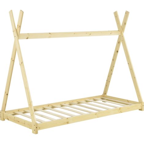 Cama tipi para niños con somier de láminas de madera de pino natural 90 x 200 cm 030002656