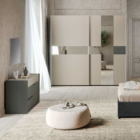 Camera da letto completa armadio scorrevole con specchi e letto contenitore colore grigio e talco - Sonia