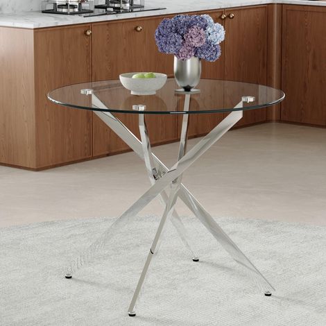 Table de salle à manger ronde luxueuse, diamètre 88 cm. Verre trempé + structure métal argenté, légère et compacte. Pour 2-4 personnes, parfait pour petits espaces. (1/5)