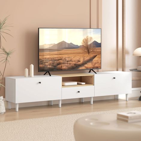 Mobile porta TV da 200 cm per televisori fino a 90 pollici, 2 vani con ante a ribalta, vano a giorno, cassetto, 8 gambe, truciolato, bianco