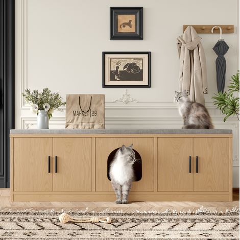 Mueble para arenero de gato 140 x 40 x 45,5 cm con alfombra rascadora, efecto roble DESVIAE (1/5)