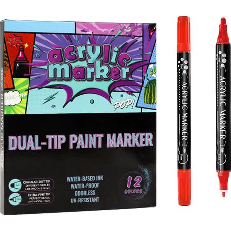 1 marqueur acrylique double pointe, pointe fine et pinceau, pour pierres, céramique, bois, papier, toile (1/5)