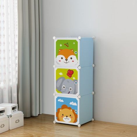 Trade Shop - Armario Modular Para Niños A 3 Compartimentos Con Un Cubo Móvil Con Puertas Decoradas - Azul
