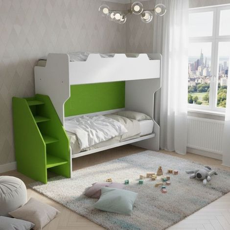 Letto a castello salvaspazio con terzo letto estraibile e scala laterale - Ideale per camerette - Bianco e Verde Mela