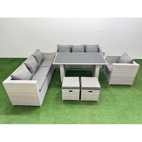 Fimous Patio Garden Furniture Sets with Black Glass Top Dining Table 3 Seater Sofa Armchair 2 Small Stool Light Grey (1/5)