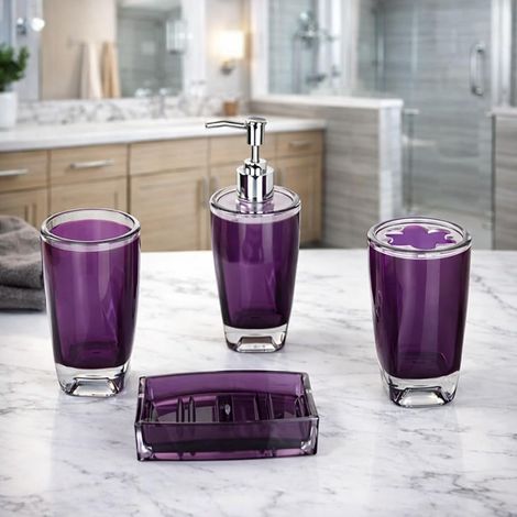 Kit d'accessoires de salle de bains au design moderne composé de 4 pièces: porte-savon, support de brosse à dents, distributeur de savon, verre à dent (1/5)