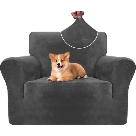 Sofaüberzug Samt 1 Sitzer Grau, elastisch & rutschfest, Haustiersicher (1/5)