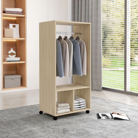 Armoire à roulettes avec penderie et étagères pour vêtements suspendus et pliés, 60 x 40 x 128 cm, couleur naturelle