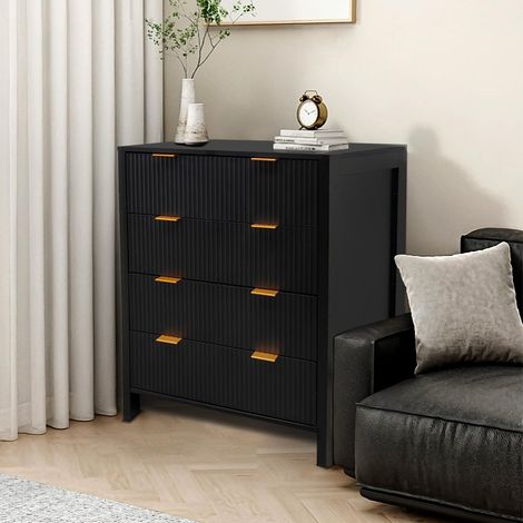 Commode noire 4 tiroirs cannelés 40x76x92 cm, bois avec système coulissant et anti-basculement, rangement moderne pour chambre, salon, couloir et entrée (1/5)