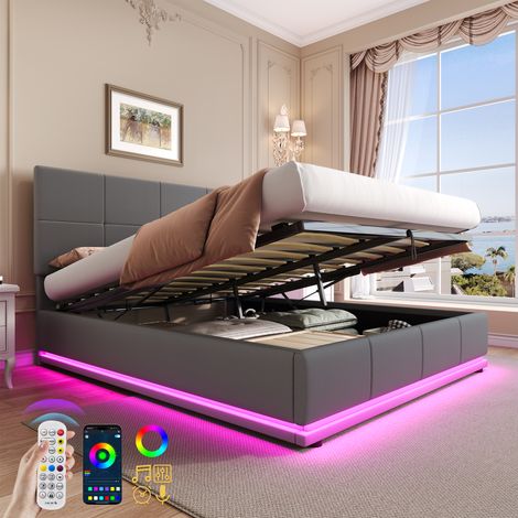 Ottoman Double Bed with LED Lighting, PU Leather Upholstered Bed with Hydraulic Storage, 4ft6 Double Bed Frame with Adjustable Square Tufted Headboard, Grey (No Mattress)