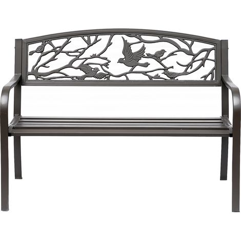 Dreisitzer-Gartenbank aus braun epoxidbeschichtetem Metall im rustikal-schicken Stil, 127 x 60 x 85 cm, für den Außenbereich auf Terrassen und Balkonen