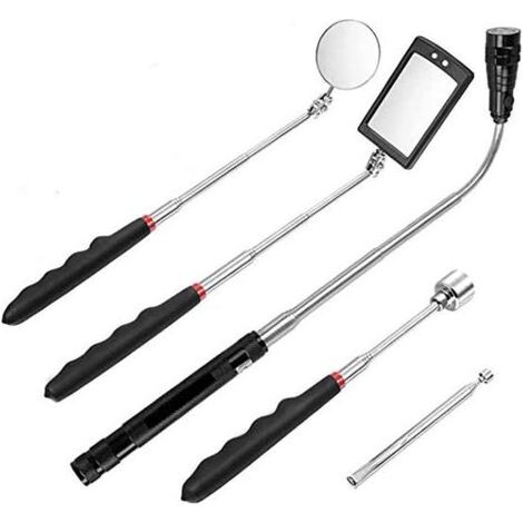 5Pcs Outil de Préhension Magnétique, 1.5/20lb Outil de Ramassage Aimanté et Miroir d'Inspection Carré/Rond, Avec LED et Poignée Télescopique Pivoter à 360°, Boîte et Batteries Inclus (1/5)