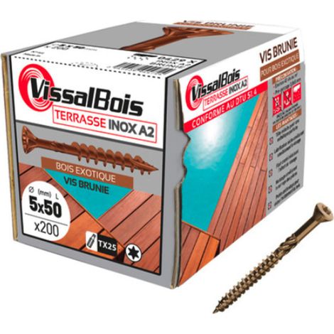 Lot de 200 vis terrasse 5x50mm tête réduite inox A2 brunie – Double filetage pour bois exotique – Pointe antifendage – Vissal