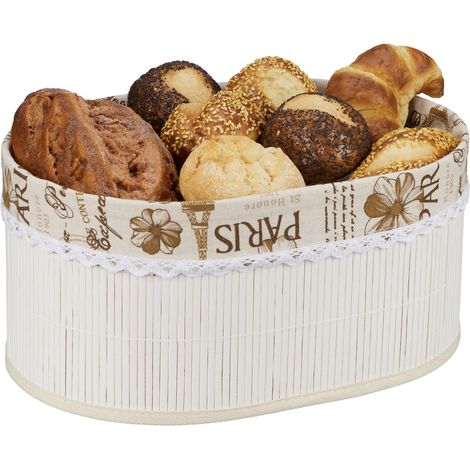 Relaxdays Corbeille de pain en bambou, ovale, design Paris, garniture tissu amovible, HxLxP : 16 x 34 x 24 cm, blanc (1/5)