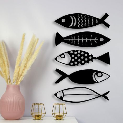 Lot de 5 décorations murales en métal, motif famille de poissons, art mural moderne en métal, sculpture de poisson minimaliste, décoration murale rustique pour intérieur ou extérieur, cuisine (1/5)