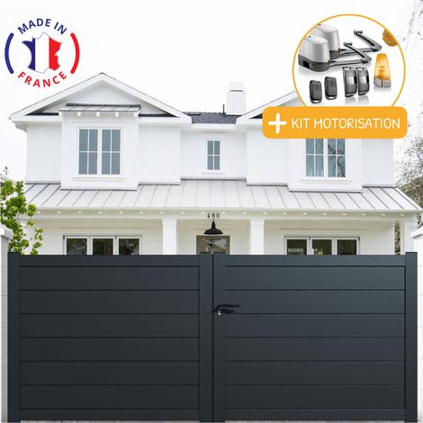 Portail aluminium battant plein en kit + Motorisation dimensions L.3500 (entre piliers) X H.1700 mm LOCKYVIA (à bras) Couleurs Gris (RAL 7016) (1/2)
