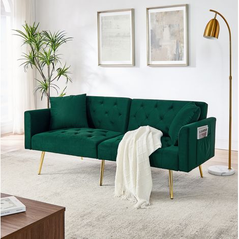 Canapé 2 places vert en velours avec dossier réglable 3 positions et 2 coussins (1/5)