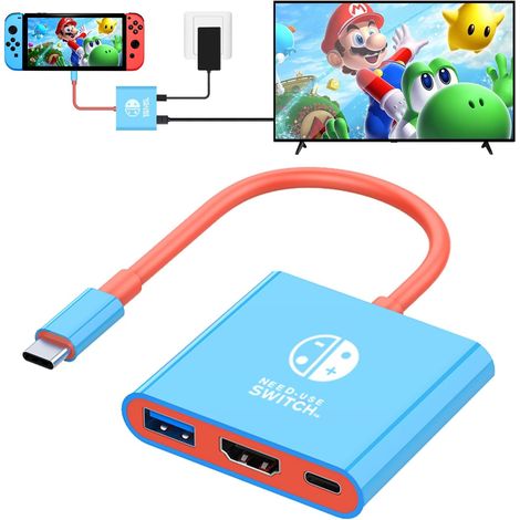 Adaptateur USB C vers HDMI pour Switch/Switch2/OLED, Dock 3 en 1 TV Switch Adaptateur avec câble HDMI 4K, Charge de Type C 100 W, Compatible avec Switch/OLED, Steam Deck, Smartphones, PC (Bleu) (1/5)