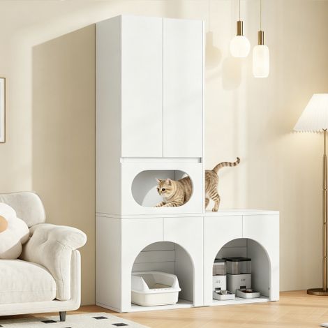 Armario para arenero de gatos, armario para mascotas, armario de almacenamiento para mascotas, para 2 areneros, con rascador y zona de descanso, armario para mascotas para gatos y perros, blanco, 140  (1/5)