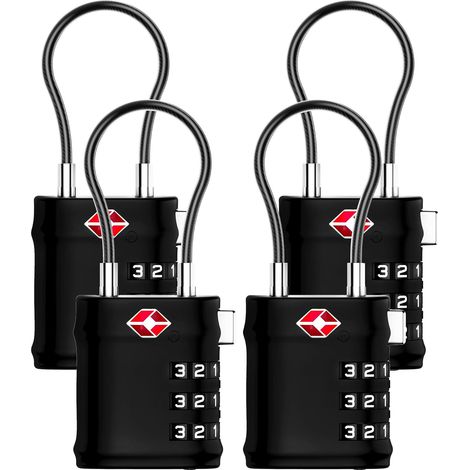 Cadenas Valise, Cadenas Valise Avion à 3 chiffres Câble Flexible pour Valise, Cadenas Sac à Dos, Ouverture en un Clic et Boîte Cadeau (Noir-Argenté, 4 pièces) (1/5)