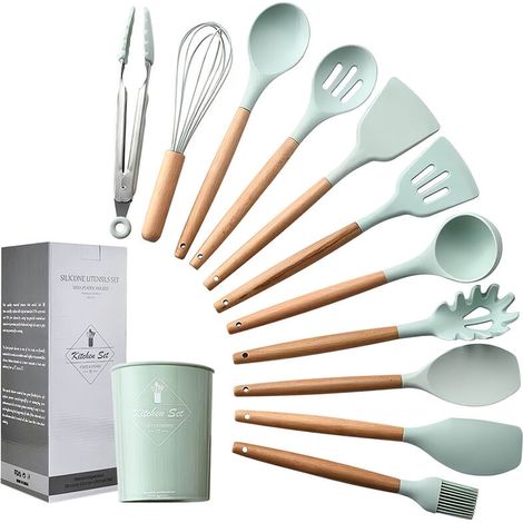 Ustensiles de cuisine en silicone imitation bois, ensemble de 12 pièces, sans BPA, résistants aux rayures et à la chaleur, antiadhésifs (cuillère, spatule, cuillère à spaghetti) - Vert turquoise (1/5)