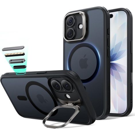Coque pour iPhone 17 avec support intégré, compatible MagSafe, protection caméra, noir mat (1/5)