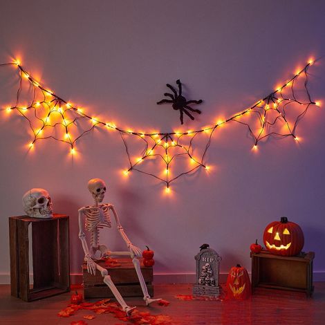 Guirlande lumineuse araignée LED, décoration Halloween extérieur fête, orange3 toiles d'araignée, télécommande, boîtier batterie étanche + araignée (1/4)