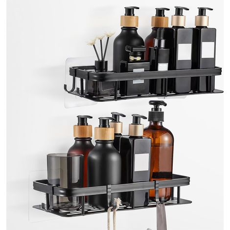 2 Pièces Etagère de Douche sans Perçage, Étagère Salle de Bain Noir, Étagère Douche sans Percage avec Crochets, pour Salle de Bain, Cuisine, Chambre (1/5)