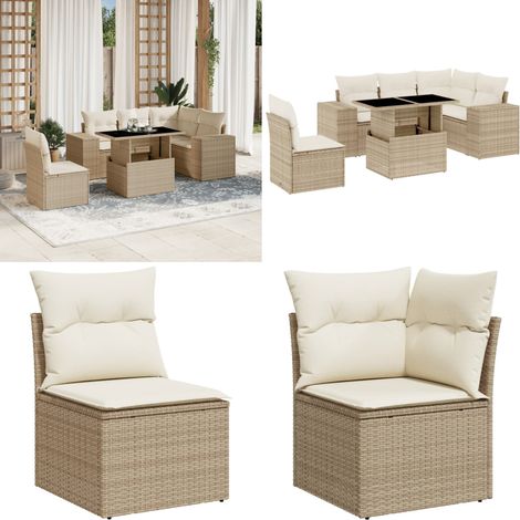 6-tlg. Garten-Sofagarnitur mit Kissen Beige Poly Rattan - Gartenmöbel Set - Esszimmergarnitur - Outdoor Möbel - Lounge Garnitur - Rattan Gartenmöbel - Home & Living (1/5)