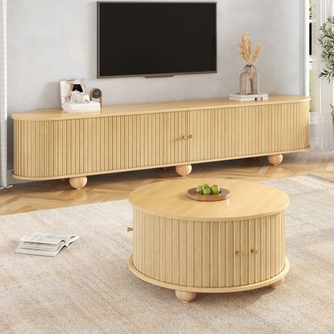 Ensemble salon meuble TV 180x35x45 cm et table basse ronde 72x72x38 cm avec portes coulissantes- rangements en MDF naturel (1/5)