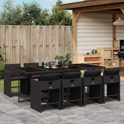 Ensemble de Jardin 9 Pièces Noir Table + 8 Chaises Tissées Résine Polyéthylène avec Coussins Lavables 220x106 cm Set Salle à Manger Extérieur (1/5)