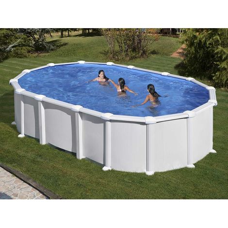GRE – Piscine tubulaire acier blanc ovale 6,34 x 3,99 x 1,32 m – Volume 23,3 m³ – Filtration à sable 5 m³/h – Échelle de sécurité incluse