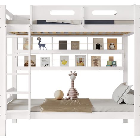 Lit superposé 90x200 cm avec étagères ouvertes, échelle 5 marches et barrières de sécurité, blanc et naturel - CHICFURN (1/5)