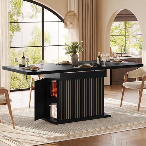 Table à Manger Extensible 120/160 cm pour 4-6 Personnes, avec Rangement Caché Intégré, Plateau Rabattable, Pied Design Rainuré Vertical, Finition Noire - Noir (1/5)