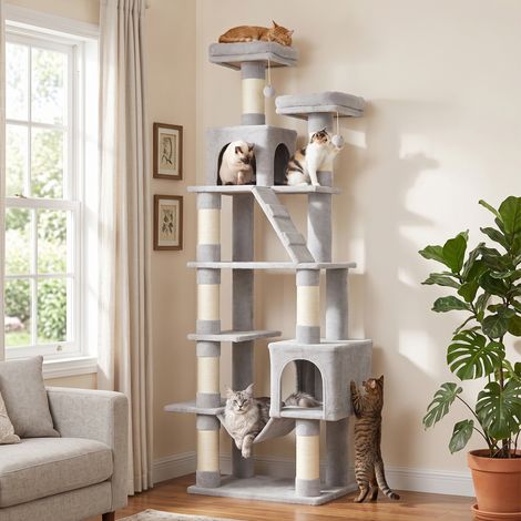 Arbre à chat géant, 204 cm de haut, multi-niveaux, 8 poteaux à griffer en sisal, 2 niches, hamac, gris clair (1/5)