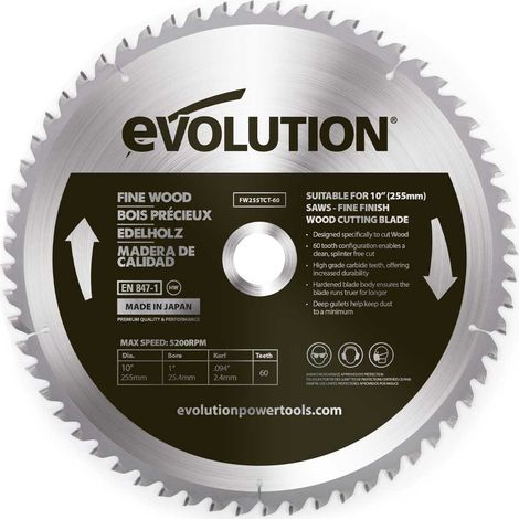 Evolution Fine Wood Mitre/Table Saw Blade 255 x 25.4mm x 60T (1/2)