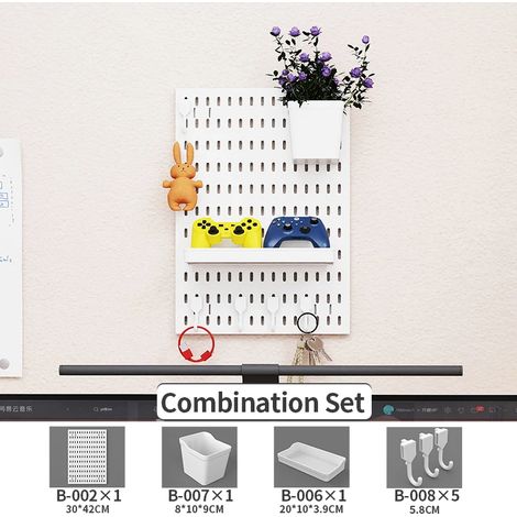 (Panneau perforé blanc, lot de 1) Étagère murale sans perçage pour salle de jeux : rangement pour manettes, casques, figurines, clavier, crochets et étagère. (1/5)