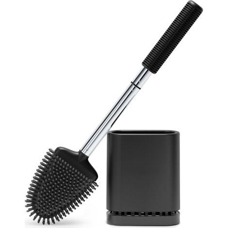 WC-Bürste, Silikon-WC-Bürste, WC-Bürste mit Halter, Schwarze Hänge-Silikonbürste, Wandmontage ohne Bohren, Wand-/Bodenmontage, Badezimmer – Mattschwarz