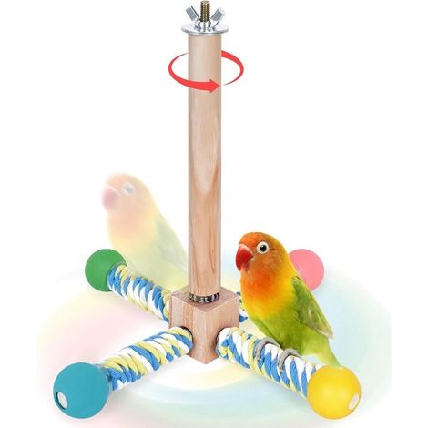 Perchoir pour oiseaux - Design moulin à vent - Fabriqué en bois naturel et corde de coton - Jouet rotatif pour perroquets - Démontable (1/5)