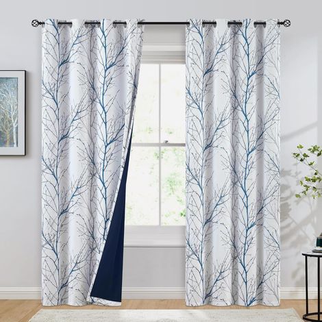 Rideaux Panneaux à Oillets - Noir et Blanc Transparents - Motif Branche d'Arbre - 240cm de Long-bleu (1/5)
