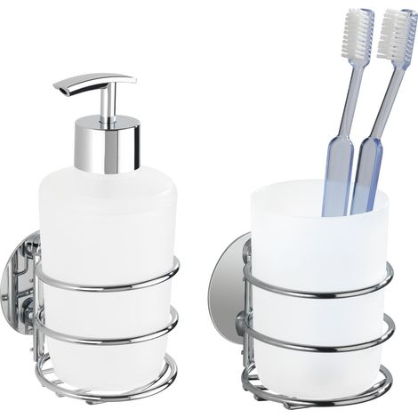WENKO Dispenser di sapone liquido da parete e portabicchieri per il bagno, soluzione senza foratura, innovazione "Power Loc Plus"
