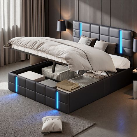Lit rembourré 160 X 200 cm, avec LED et USB, lit double, lit coffre pour ado, sommier hydraulique, rangements, avec sommier à lattes, PU noir (livraison locale) (1/5)