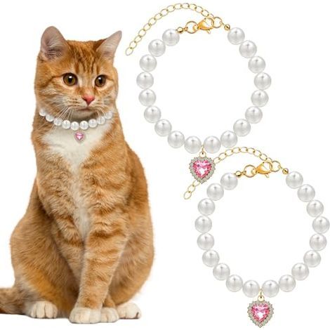 Perlen-Katzenhalskette, 2-teilig, herzförmiger Anhänger, Strasssteine, niedlich, Haustieraccessoire, verstellbare Größe, Accessoires für kleine Hunde, Welpen, Katzen, Hochzeitsfeiern (1/5)